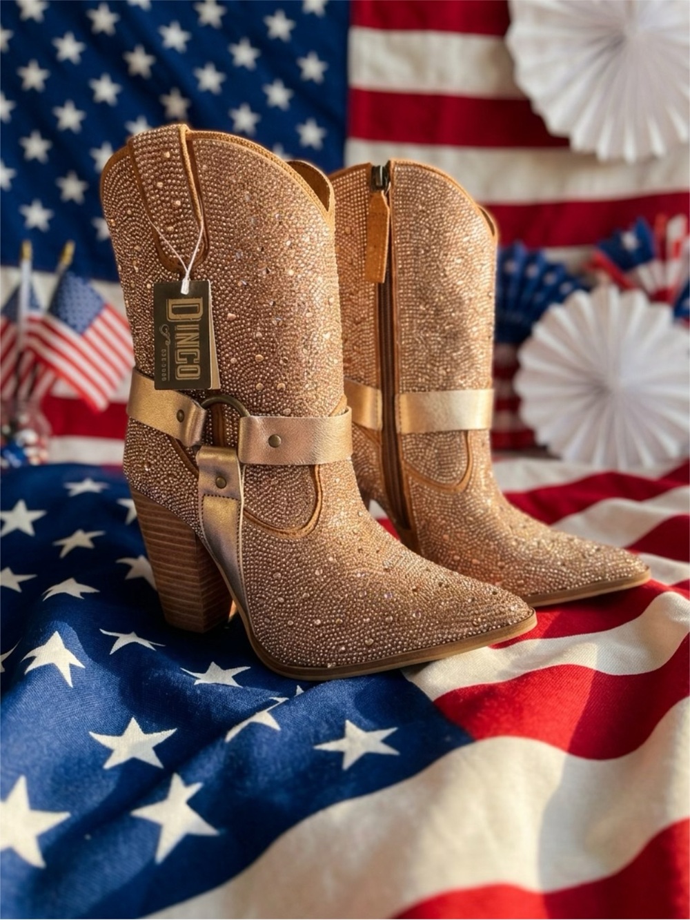 Dingo Crown Jewel Rose Gold Sparkle Western Harness Ankle Boots